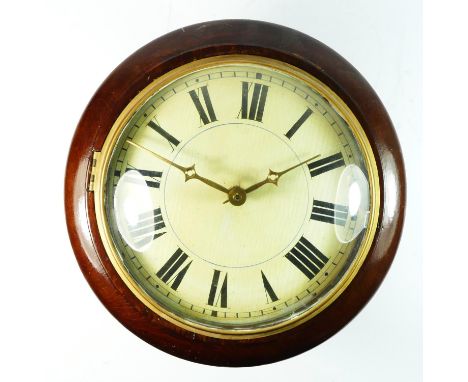 A Victorian stained pine Postman's striking wall clock, with a 6 1/2" painted dial, striking on a bell, associated weights. 