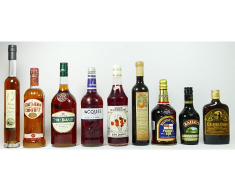 Nine bottles of alcohol, to include Southern Comfort rum, 70cl, Three Barrels brandy, 1000cl, British Navy Pusser's Rum, 70cl