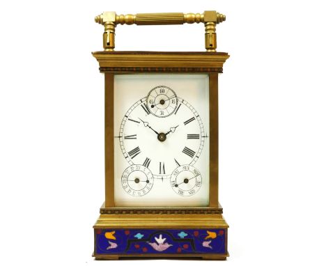 A brass and cloisonne carriage time piece, the white enamel dial with three subsidiary dials, 16.5 x 10 x 9cm, spares or repa