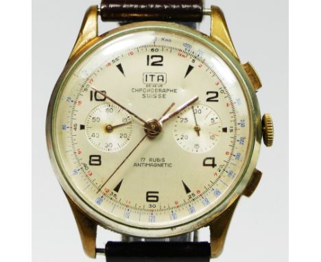 ITA Geneve Chronographe Suisse, a gilt metal manual wind gentleman's wristwatch, the silvered dial with gilded Arabic numeral