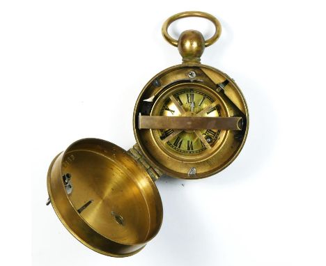 A 19th century brass nightwatchman's portable clock, with brass dial, case numbered 78189, 8cm, leather case and strap