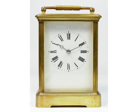E. Maurice & Co., a late 19th century French brass striking carriage clock, white enamel dial with Roman numerals, the signed