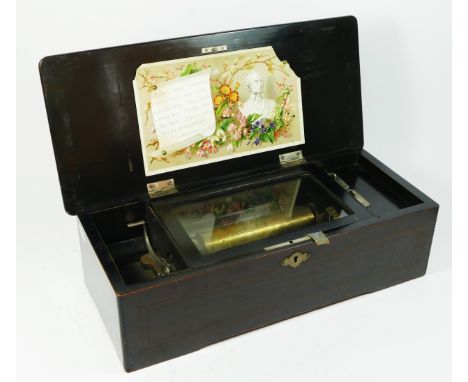A 19th century Swiss rosewood and boxwood inlaid 6 air music box, 57 tooth comb (3 missing), 43 x 19 x 12cm, working with goo
