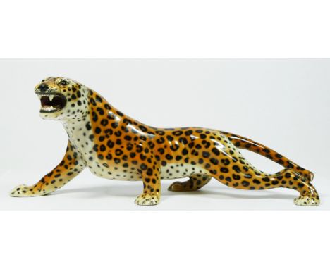 An Italian Majolica ceramic sculpture of a prowling leopard, by Ronzan Lenci, circa 1970s, Ltd edition 1/385, printed mark ve