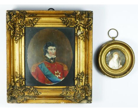 An early 19th century miniature on steel, depicting a Hussars officer with blue sash and star, 15 x 12cm, together with anoth