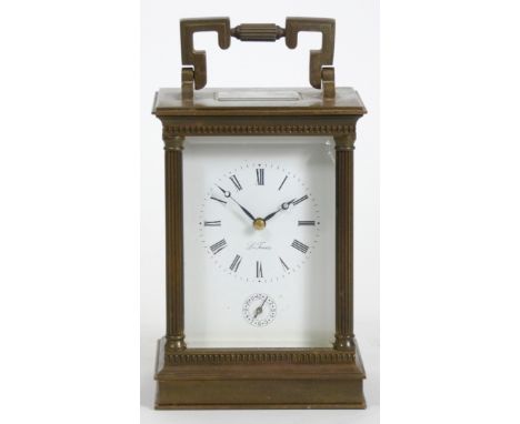 Matthew Norman, London, a large brass cased alarm and striking carriage clock, the white enamel dial with subsidiary dial, th