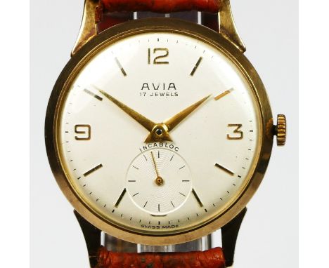 Avia, a 9ct gold manual wind gentleman's wristwatch, Edinburgh 1964, silvered dial with subsidiary seconds dial, 30mm, leathe