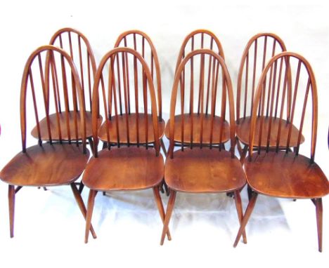 A SET OF EIGHT ERCOL STICKBACK WINDSOR DINING CHAIRS, on H-shape stretcher bases, 98cm high