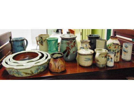 A COLLECTION OF STUDIO POTTERY  including a number of David Winkley Vellow pottery items, graduated set of three bowls etc., 