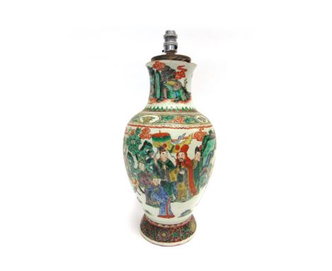 A LARGE CHINESE FAMILLE VERTE VASE  of baluster form, decorated with a procession of figures, painted mark to base, adapted f