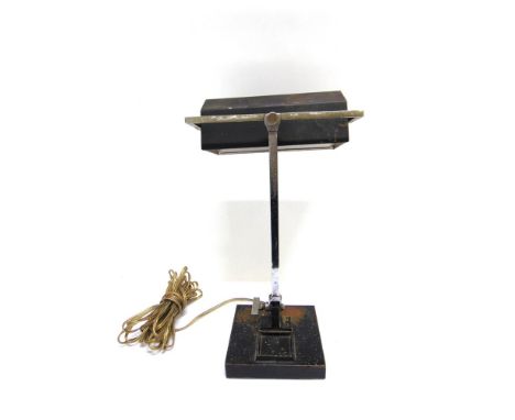 AN ADJUSTABLE BANKERS DESK LAMP,  with square base, swivelling chrome arm and metal shade, the shade 22.5cm wide