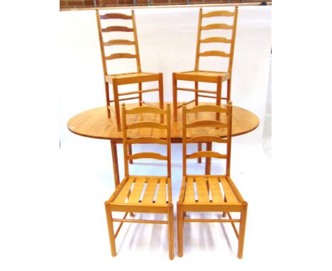 AN ERCOL 'PINE LINE' DINING ROOM SUITE,  comprising extending oval table 136cm wide (187.5cm with central leaf) 107.5cm deep 