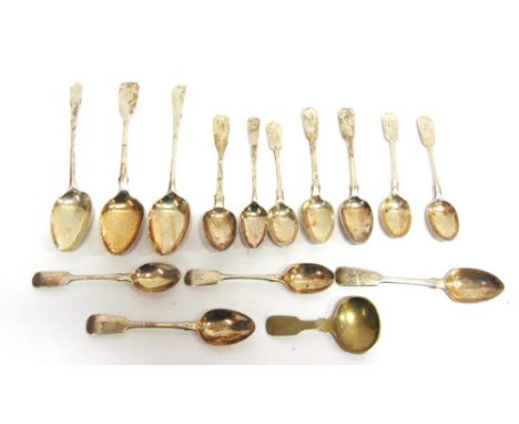 A COLLECTION OF SILVER SPOONS various dates and makers, all antique, fourteen in all, 294g (9.4 troy ozs); and a metal caddy 