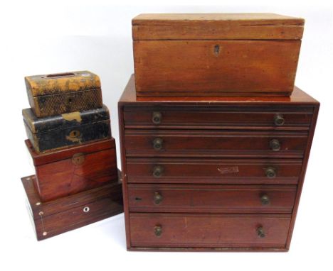 A MAHOGANY MINIATURE CHEST  fitted with five graduated drawers, 38cm wide 24cm deep 36cm high; together with a rosewood sewin