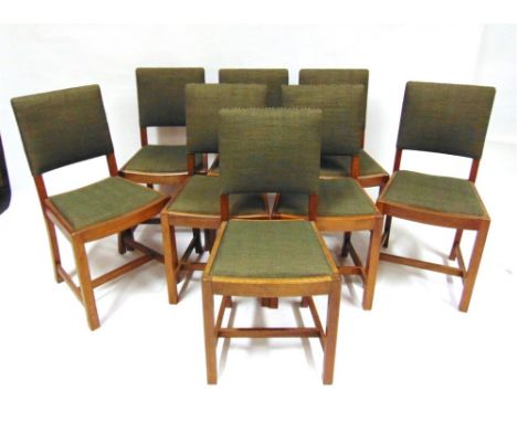 A SET OF EIGHT HEALS WALNUT DINING CHAIRS,  with upholstered backs and drop-in seats, on H-shape stretcher bases, ivorine pla