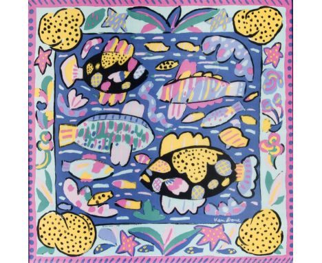 KEN DONE (AUSTRALIAN, B.1940) Sea Life with Tropical Fish, printed fabric, signed within the print lower right, 88cm x 88cm.
