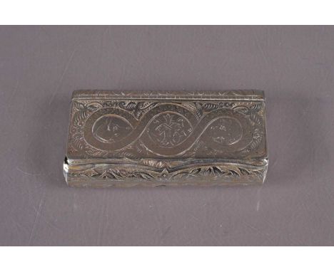 19th century silver coloured snuff box, in the Aethetic style with engraved decoration of Dogs to the front and birds to the 