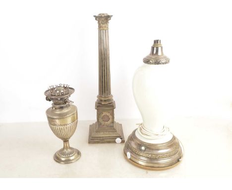 19th Century and Later Silver Plated and Milk Glass Lamp Bases,  plated on brass lamp base in the form of a Classical Roman c