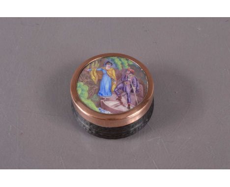 A 19th century French or Swiss enamel snuff box, the lid depicting a lady and a boatman. Copper mounts and rim with an engine