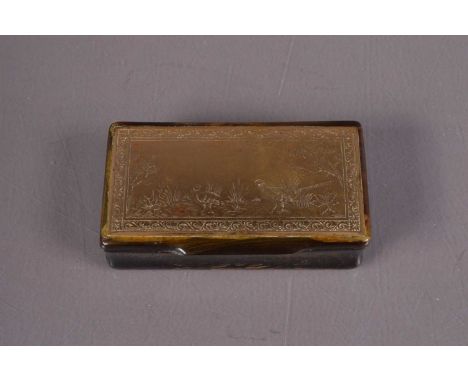 Pressed horn snuff box with brass panel lid, engraved scene of two Pheasants to hinged lid. 8cm wide