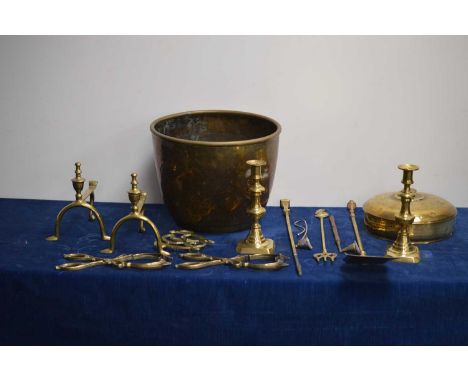 A brass coal scuttle and various fireside implements, including a pair of brass firedogs, two matching pairs of tongs, shovel