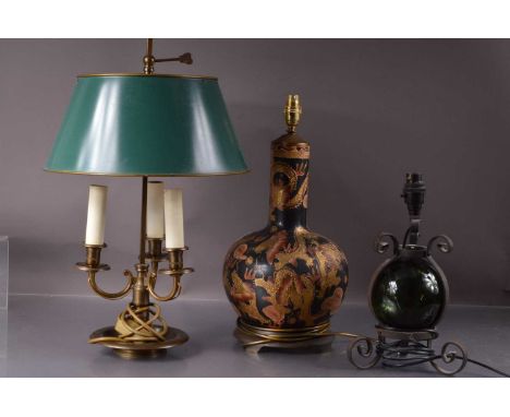 Three various table lamps, including a French bouillotte style brass lamp with green metal shade, 56cm high, an iron-framed l