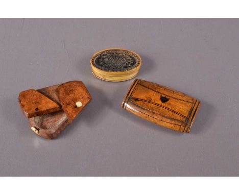 A burr wood puzzle snuff box with bone inlay, together with a further beautifully patinated burwood snuff box with horn inlay