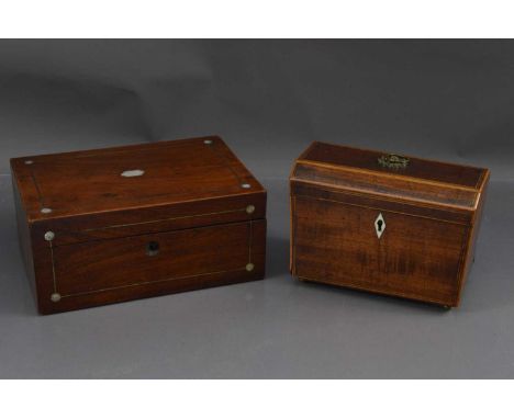 A neatly sized 19th Century tea caddy and a Victorian rosewood workbox, the caddy with brass feet and a decorative brass hand