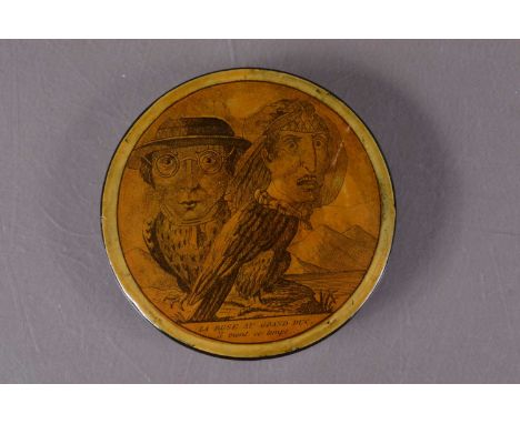 A 19th century French papier mache snuff box, of circular form with transfer printed pull off lid with an image of two Men's 