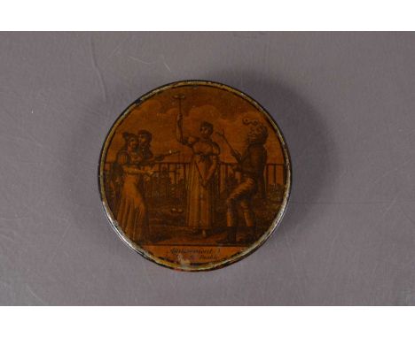 A 19th century French papier mache snuff box, of circular form with transfer printed pull off lid titled "Amusement du Jeu du