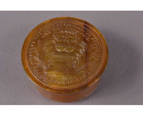 A 19th Century Portuguese pressed horn snuff box celebrating marriage,  the lid with symbols of conjoined hearts etc with the