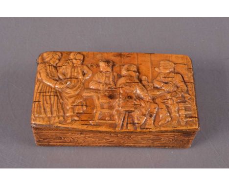 A 19th Century pressed wood snuff box with a tavern scene, rectangular shape with hinged lid. Acanthus scrolling to sides. 8.