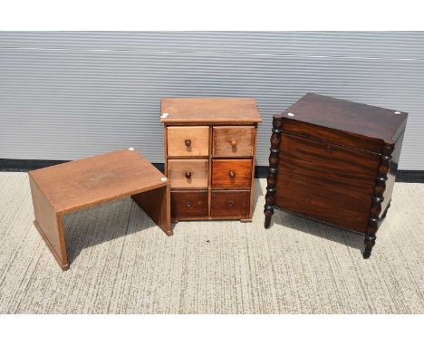 A small chest, having six drawers, together with a Canterbury style bottle holders and wooden step (3)