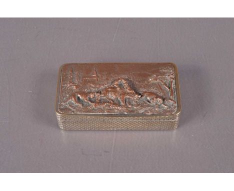 A 19th Century snuff box, with copper relief panel to the hinged lid of Dog's hunting a Wild Boar. 7cm wide.