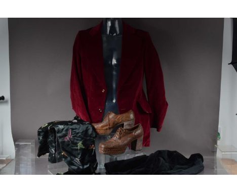 Vintage "Granny Takes A Trip"  Swinging Sixties fashion, including a pair of platform shoes in snakeskin,  two velvet jackets