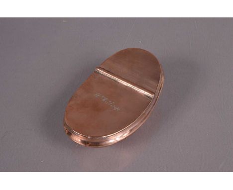 Copper miner's snuff box, of curved form with engraved name and hinged lid, 9cm long.