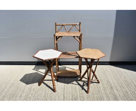 A collection of Bamboo furniture, consisting of a three tier shelf unit, and two similar tripod tables with hexagonal tops (3