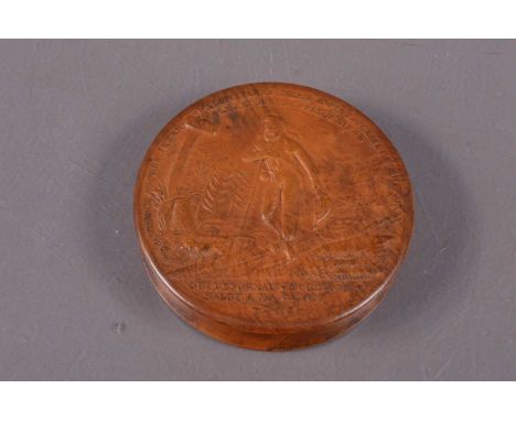A circa 1820s French pressed burr wood snuff box depicting "Le Retour Du Prisonnier", the lid with an image of a walking woun