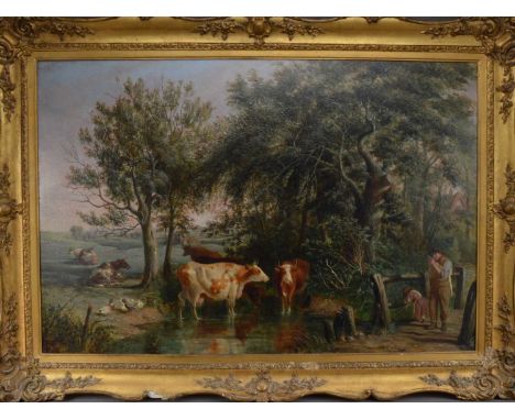 Attributed to John F. Pasmore (British 1820-1881),  a rural scene with cows in a river, oil on canvas (relined), framed, fram