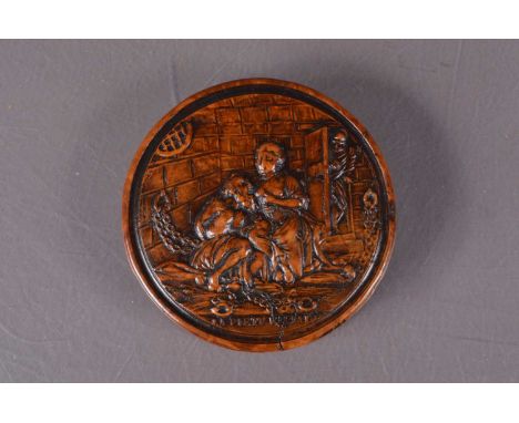 A 19th century burr walnut snuff box, with moulded scene of "Roman Charity" from the legend of Cimon and Pero. With pressed t