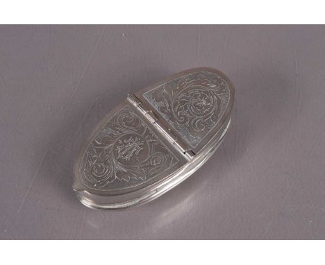 19th Century silver coloured miner's snuff box, with engraved hinged lid and rounded base. 9cm long.