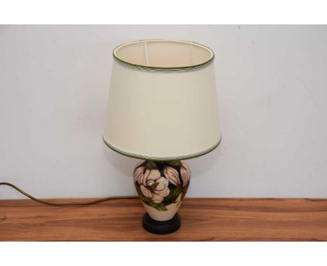 A modern Moorcroft Pottery "Talents" lamp base, total height including shade is 42cm, very good condition