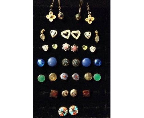 Earrings - a pair of circular turquoise, mother of pearl and agate twelve section wheel spoke studs;  a pair of silver heart 