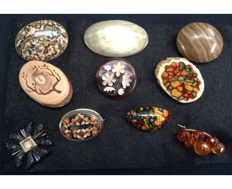 Brooches - a petrified wood oval cabochon panel;  a mother of pearl and faux tortoiseshell pique circular panel, decorated wi