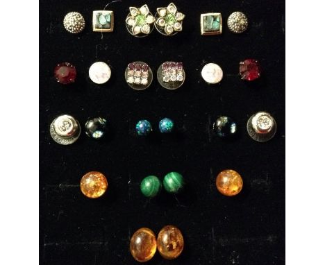 Earrings - a pair of malachite globe end studs;  a pair of Copal amber oval studs;  another circular;  others Blue John, past