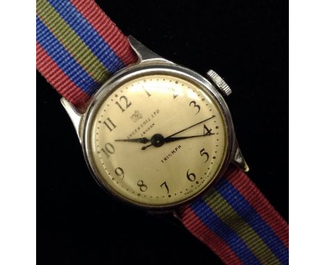 An Ingersoll Ltd London "Triumph" steel case wristwatch, cream dial, Arabic numerals, centre seconds, manual movement, later 