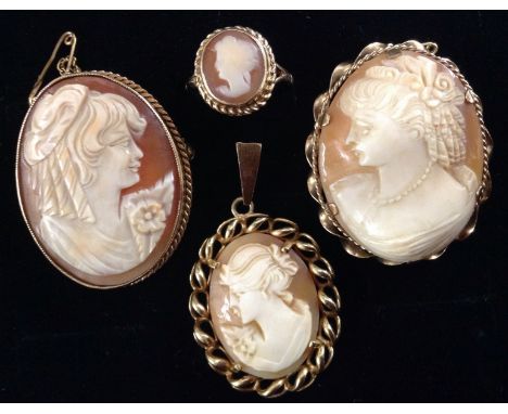 A Victorian style shell cameo brooch head and shoulders portrait of a lady facing left, 9ct gold frame mount;  another facing
