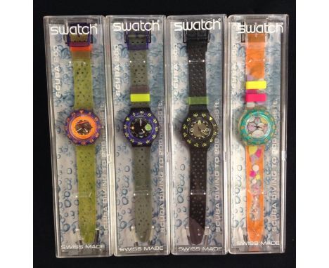 Swatch Watches - a Scuba 200 Summer 1992 collection, Sea Grapes wrist watch , SDK 105;  others Black Wave SDB 102;  Captain N