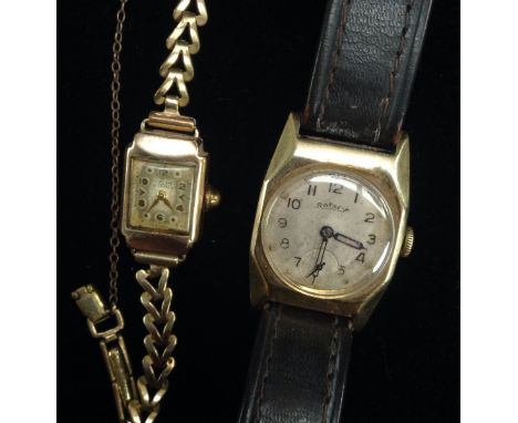 Watches - a Rotary 9ct gold tank wrist watch, round dial, Arabic numerals, subsidiary seconds, shaped topped rectangular 9ct 