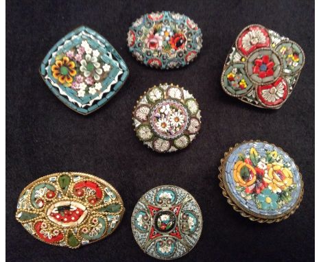 A mid 20th century micro mosaic square panel brooch, as a flower, base metal frame;  others similar shapes include oval, circ